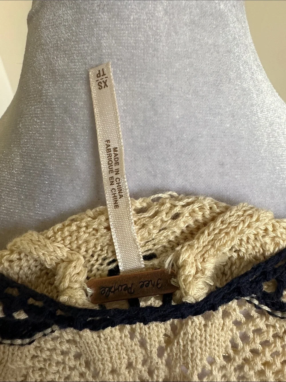 Free People Beige Open-Knit Square Neck Sweater with Black Stripes
